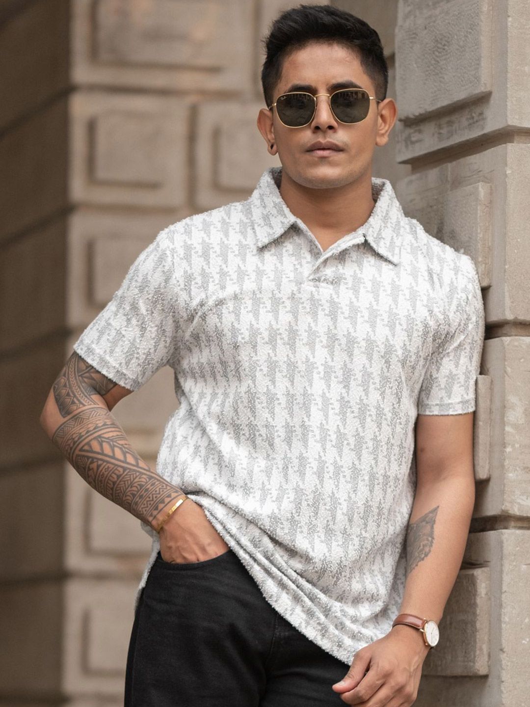 Powerlook Men Abstract Printed Polo Collar Cotton T-shirt