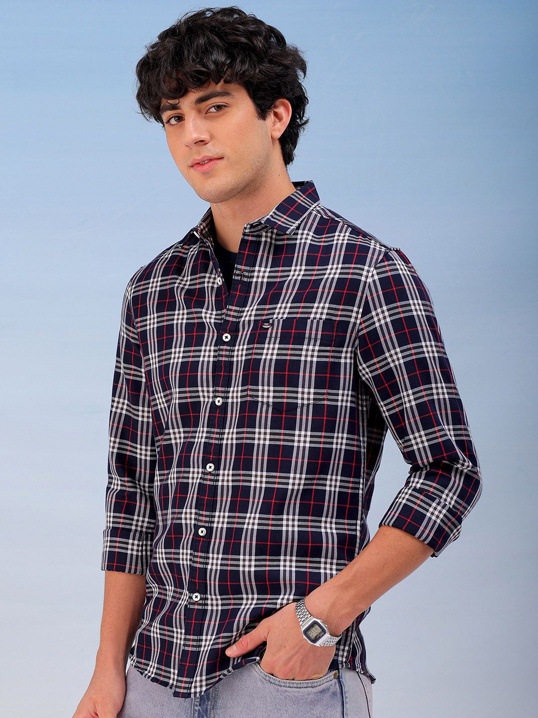 The Indian Garage Co Men Spread Collar Checked Cotton Slim Fit Casual Shirt