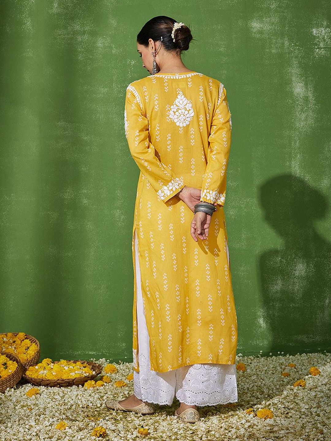 House of Chikankari Women Yellow Cotton Chikankari Embroidered Kurta