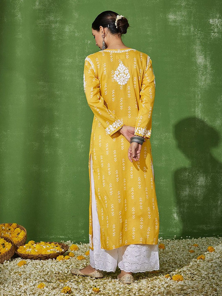 Rumah Wanita Chikankari Cotton Kuning Chikankari Sulam Kurta