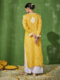 Rumah Wanita Chikankari Cotton Kuning Chikankari Sulam Kurta
