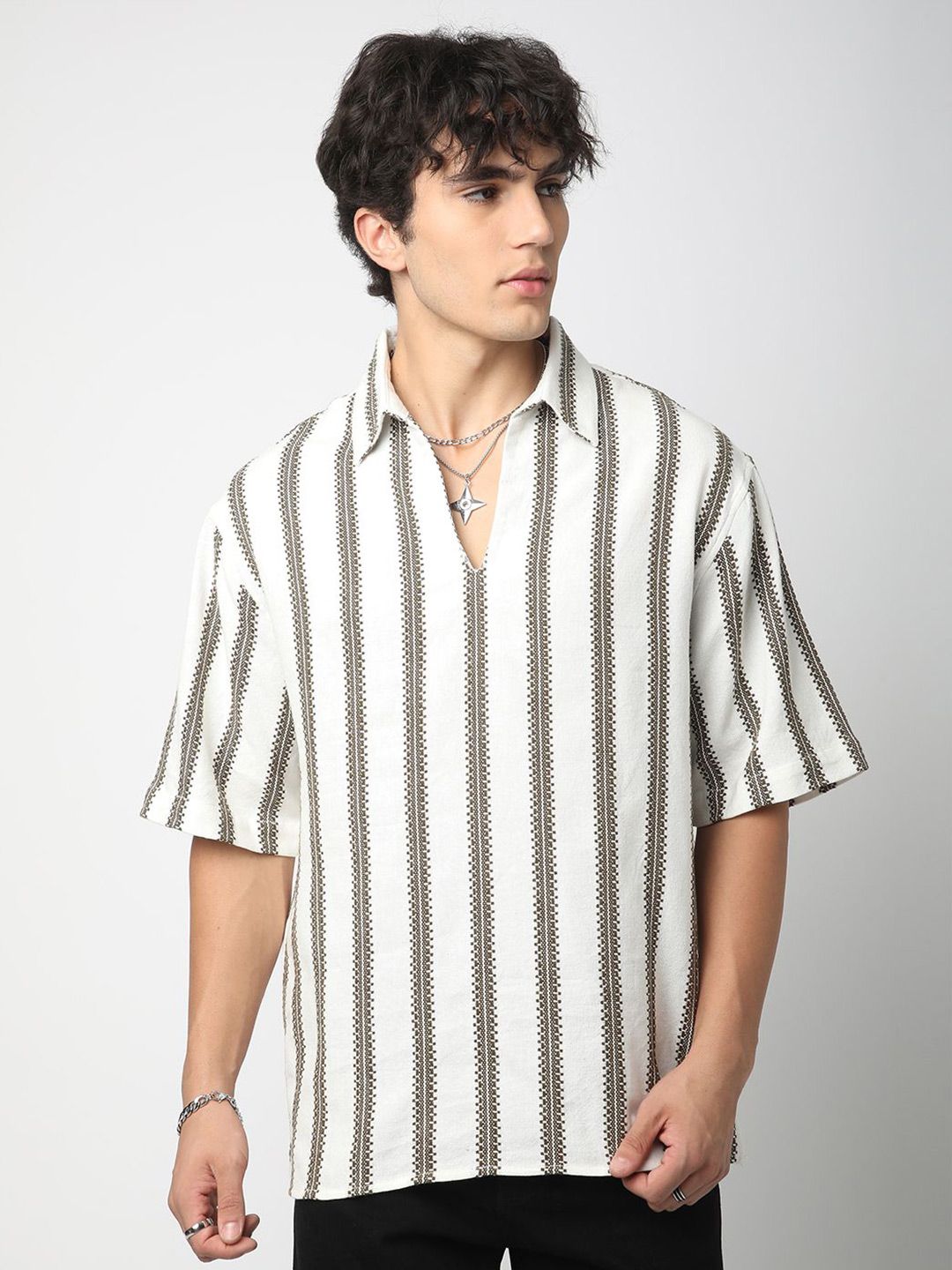 VASTRADO Men Classic Vertical Stripes Self Design Cotton Oversized Casual Shirt
