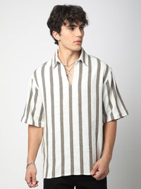 VASTRADO Men Classic Vertical Stripes Self Design Cotton Oversized Casual Shirt