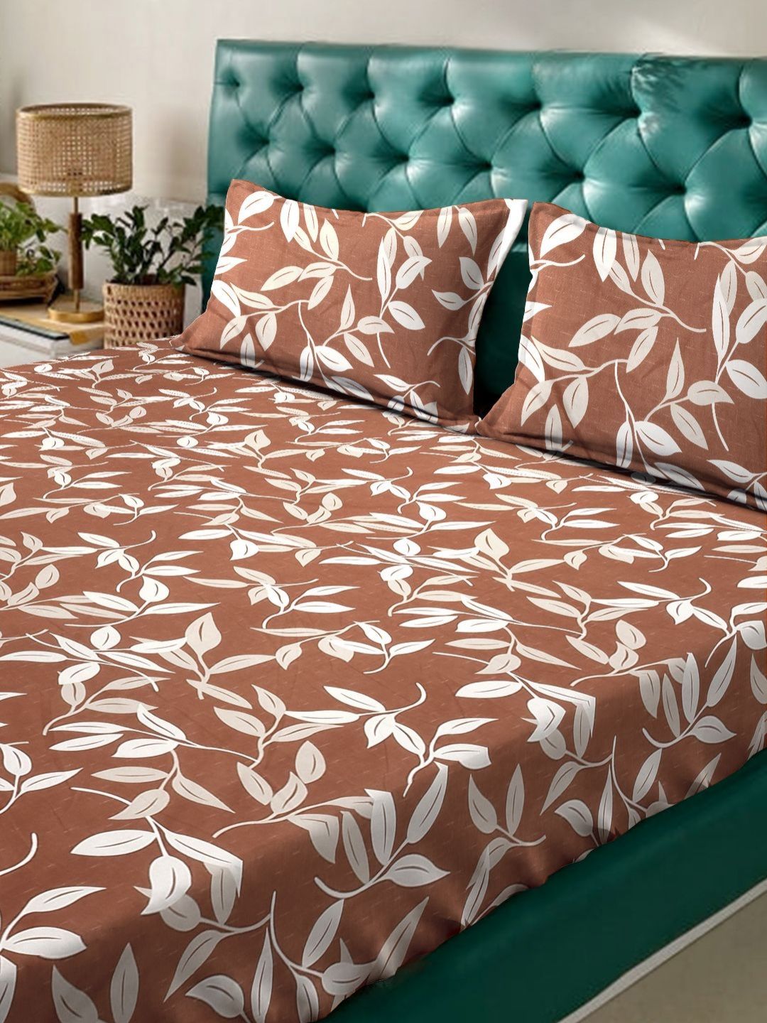 Aura Brown Floral Cotton 300 TC King Fine Bedsheet with 2 Pillow Covers-98 x 89 inches