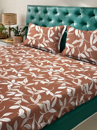 Aura Brown Floral Cotton 300 TC King Fine Bedsheet with 2 Pillow Covers-98 x 89 inches