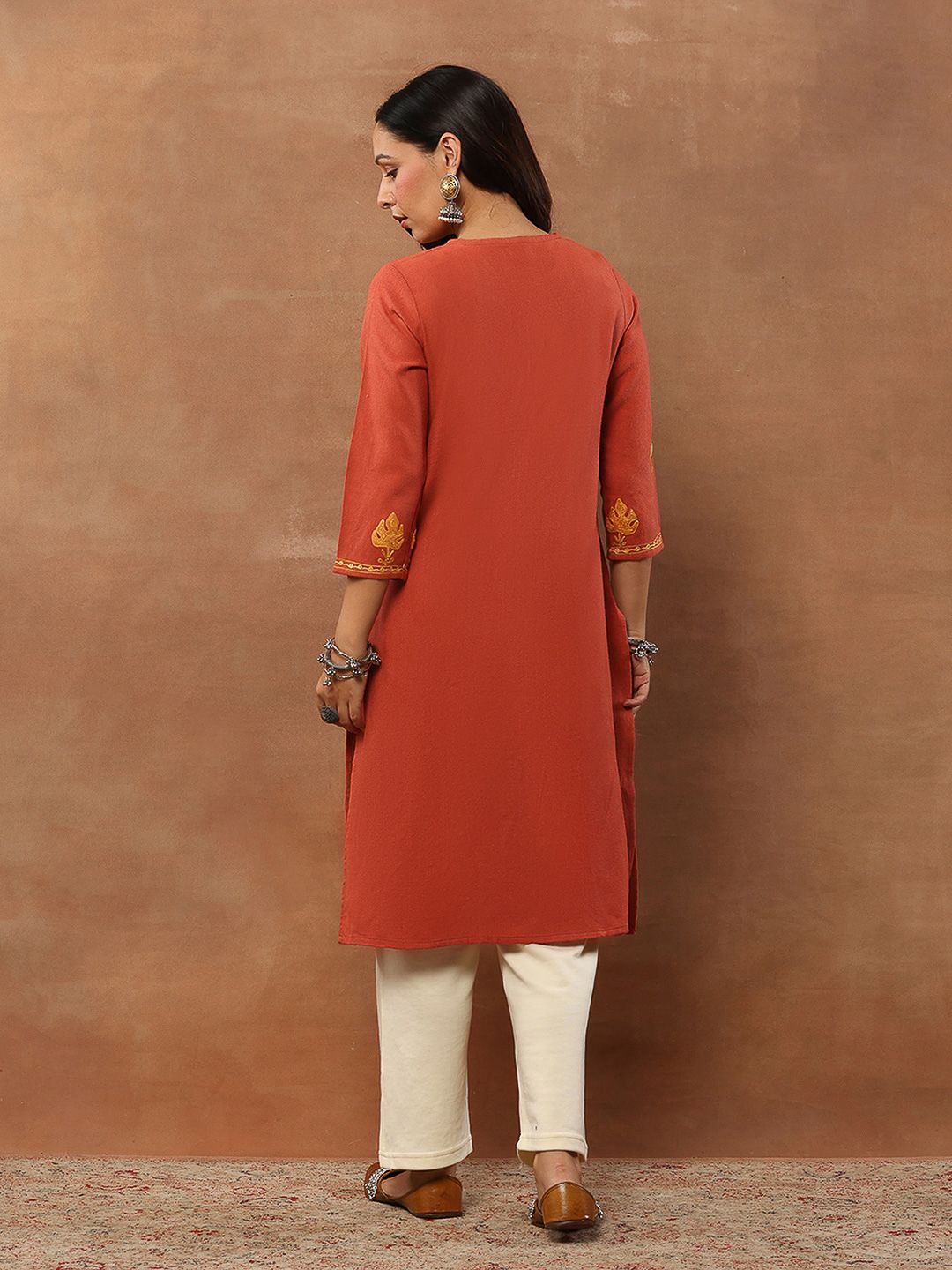 House of Chikankari Women Coral Woollen Aari Embroidered Kurta