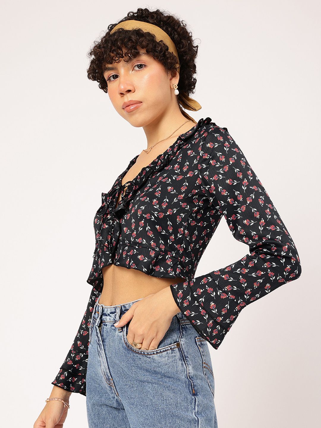 DressBerry Floral Talks Printed Ruffled Crop Top