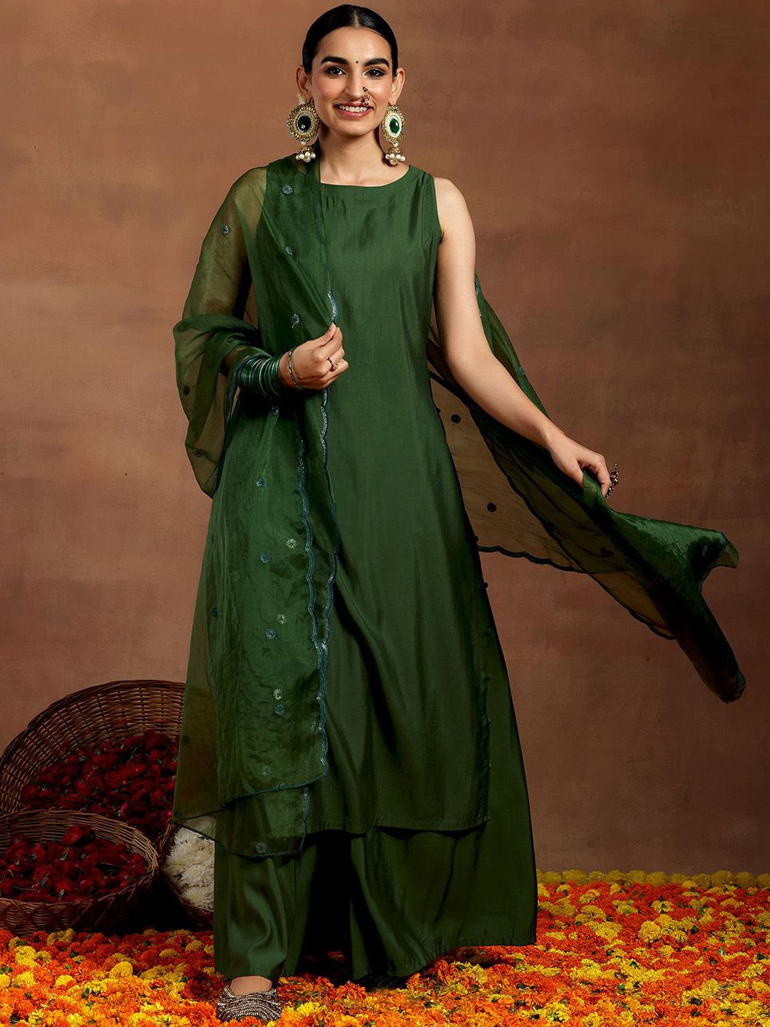 Libas Boat Neck Sleeveless Straight Kurta With Palazzo & Dupatta
