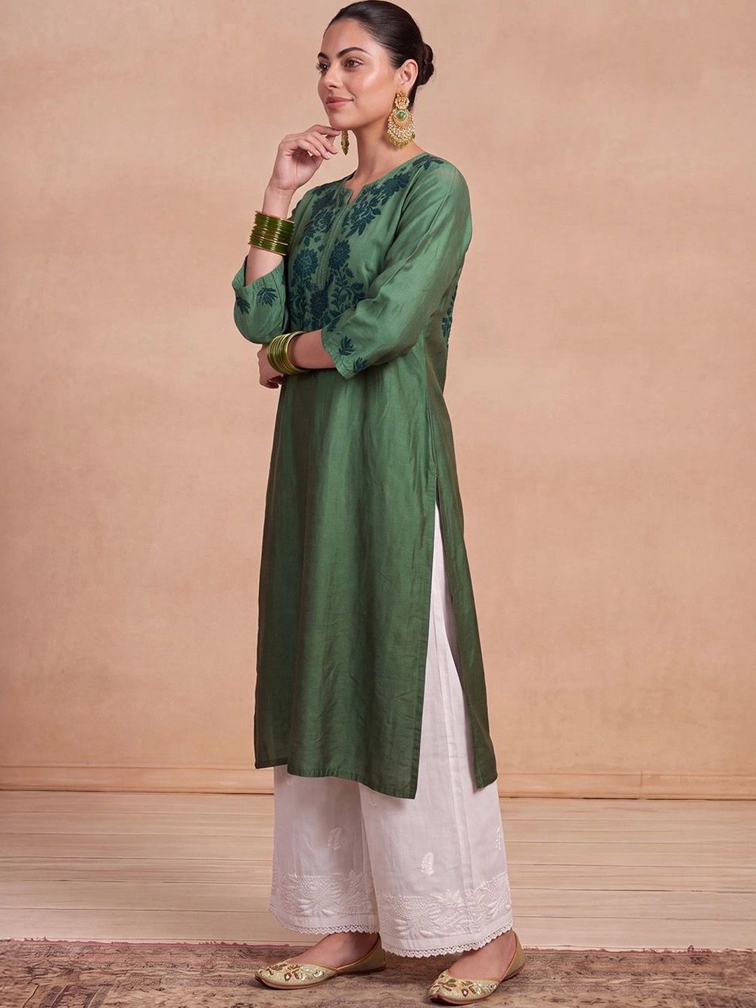 House of Chikankari Women Floral Embroidered Thread Work Chanderi Silk Kurta