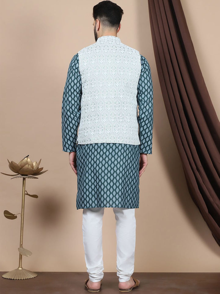 Anouk Floral Printed Regular Pure Cotton Straight Kurta With Churidar & Nehru Jacket