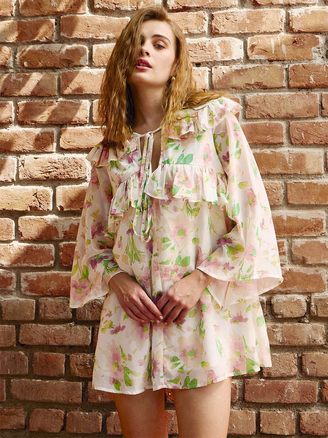 SASSAFRAS Floral Print Bell Sleeve Georgette Mini Dress