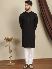Anouk Kolar Mandarin Sulam Geometrik Kurta Lurus Kapas Labuci dengan Churidar