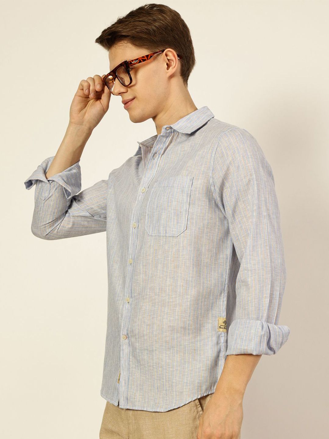 Thomas Scott Men Premium Striped Linen Blend Slim Fit Casual Shirt