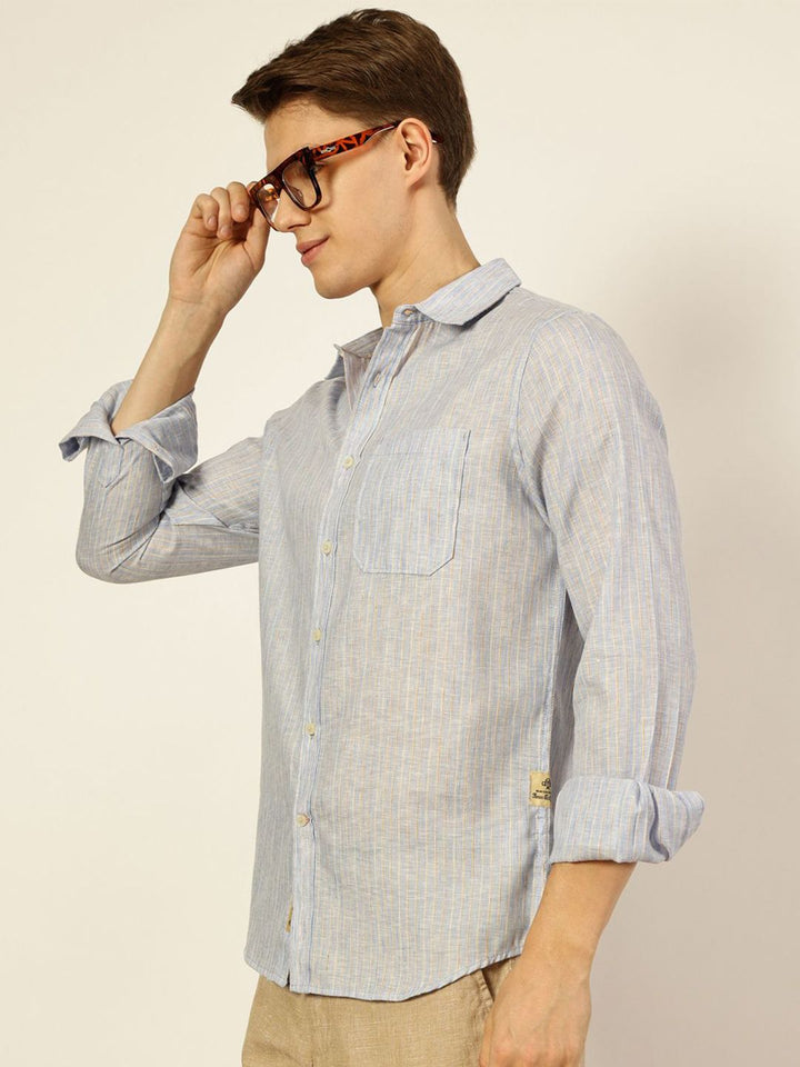 Thomas Scott Men Premium Striped Linen Blend Slim Fit Casual Shirt