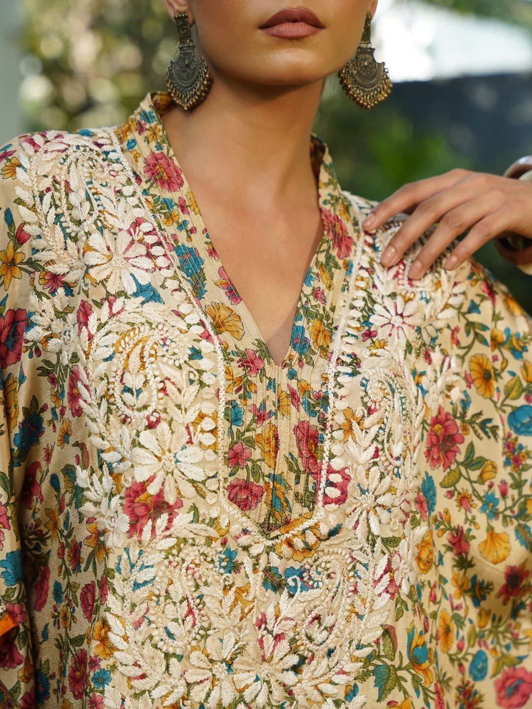 House of Chikankari Women Printed Chikankari Crepe Kaftan Kurta