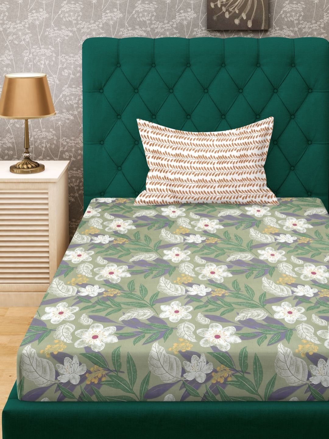 KLOTTHE Green & White Floral Printed 300 TC Single Bedsheet Set 2.25 m x 1.5 m