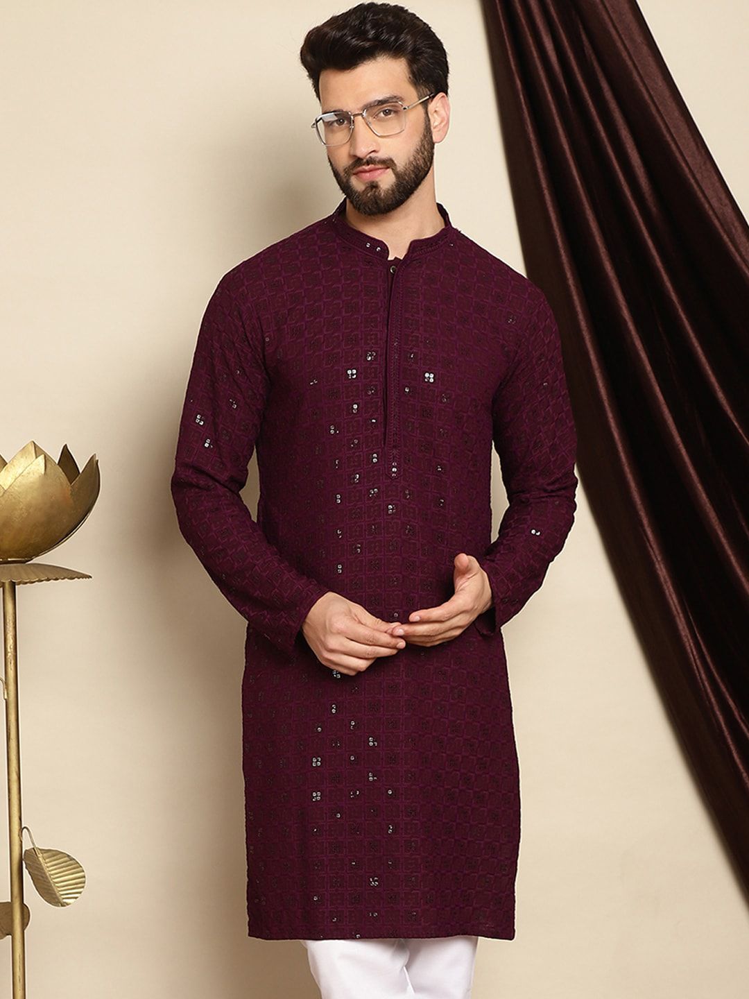 Anouk Burgundy Ethnic Motifs Embroidered Pure Cotton Sequined Straight Kurta