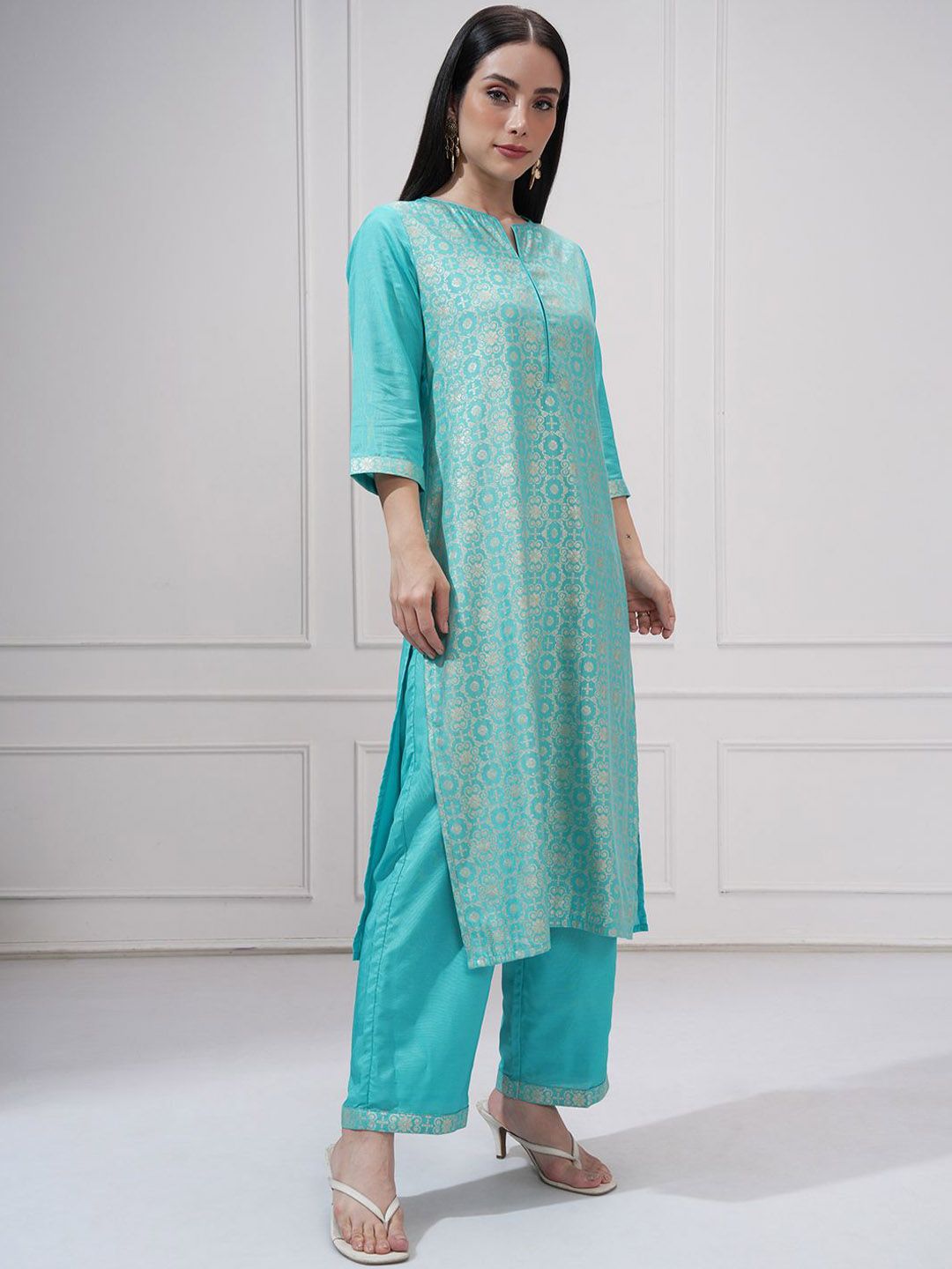 Vishudh Floral Woven Design Notch Neck Jacquard Straight Kurta With Trouser And Dupatta
