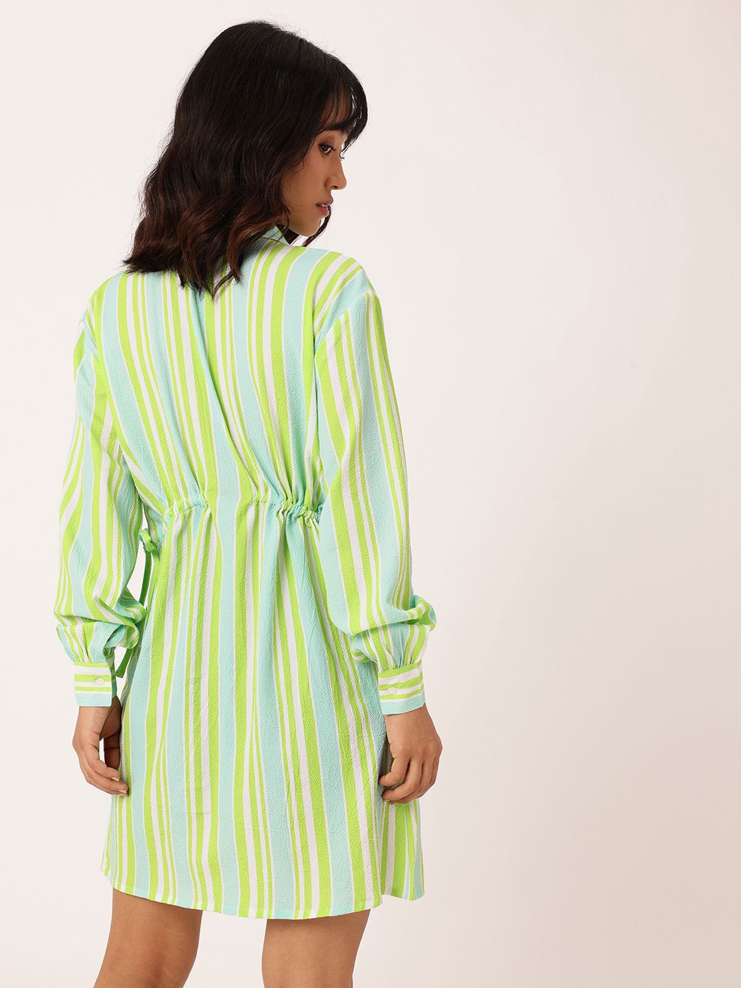 DressBerry Striped Cinched Waist Seersucker Shirt Style Dress