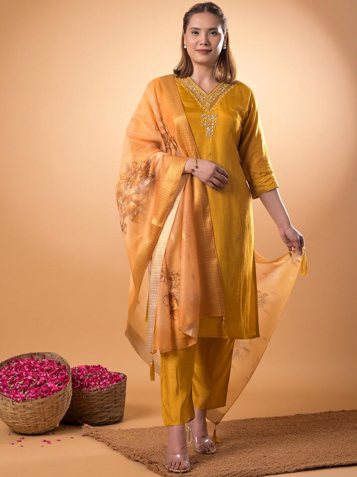 Mamicha Women Floral Embroidered Beads and Stones Pure Cotton Kurta with Trouser & Dupatta