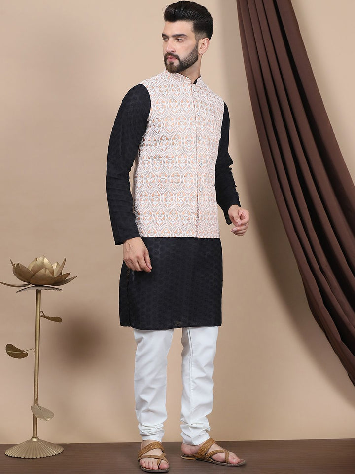 Anouk Black Floral Embroidered Straight Thread Work Pure Cotton Kurta with Churidar