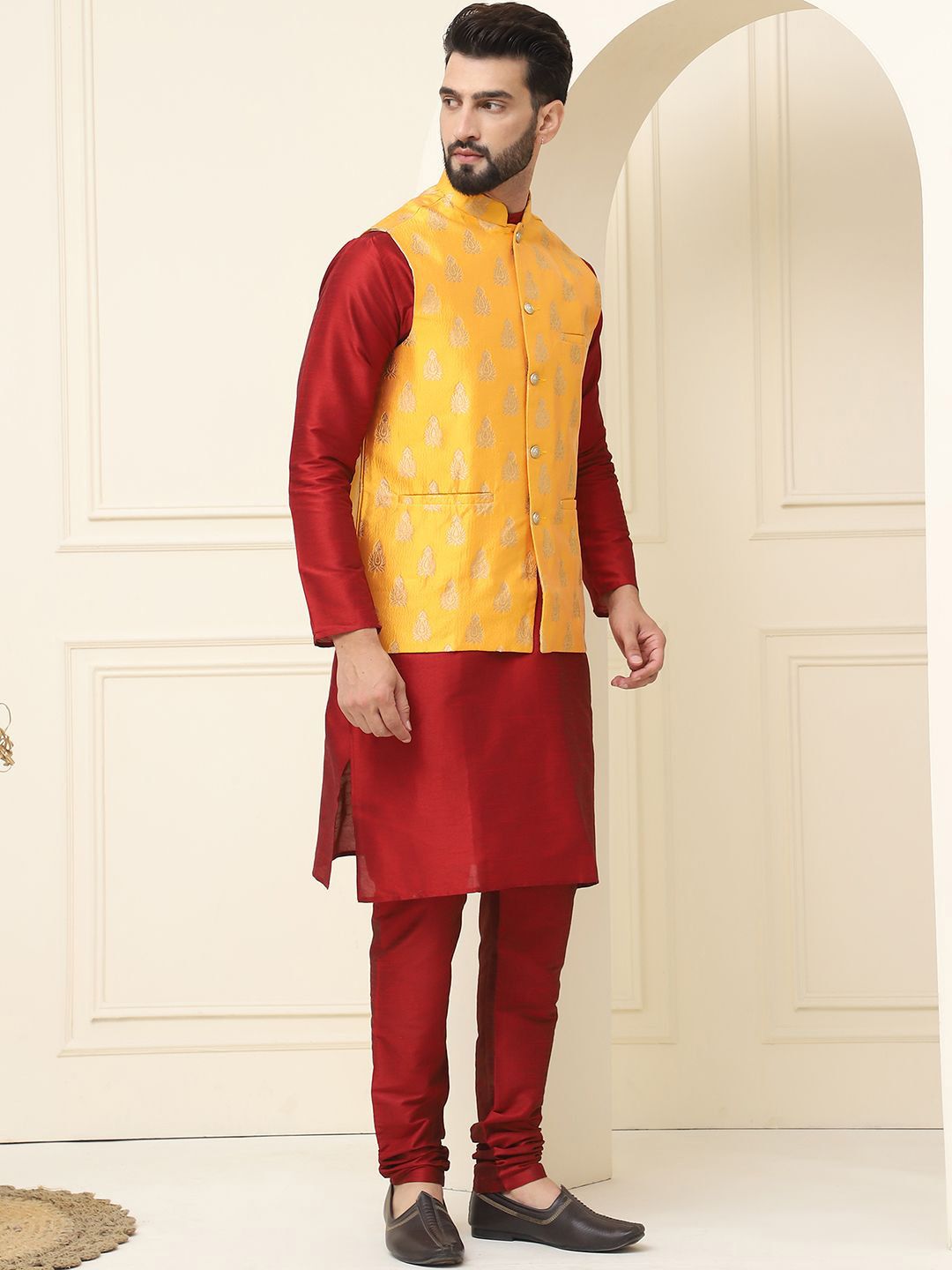 SOJANYA Mandarin Collar Silk Cotton Kurta With Churidar & Woven Design Nehru Jacket