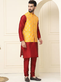 SOJANYA Mandarin Collar Silk Cotton Kurta With Churidar & Woven Design Nehru Jacket