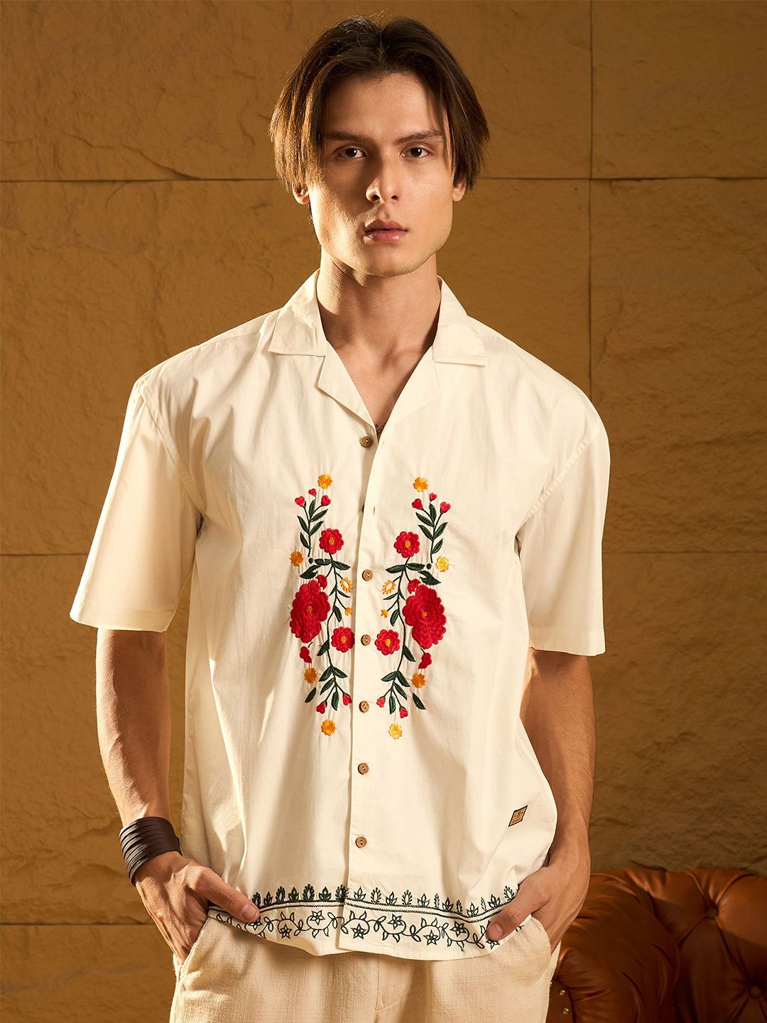 DENNISON Floral Embroidery Oversized Casual Shirt