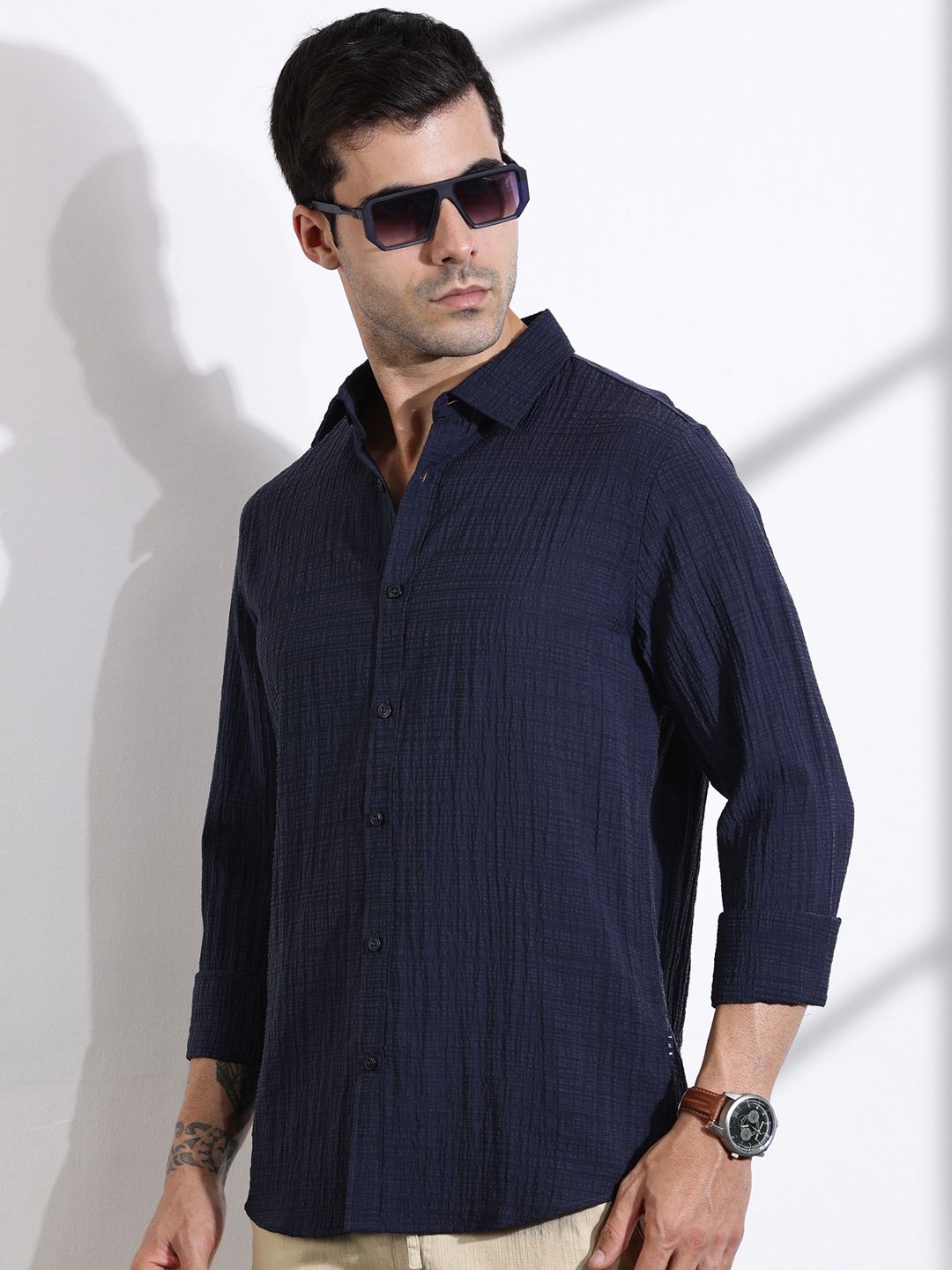 Thomas Scott Men Classic Slim Fit Spread Collar Textured Casual Shirt