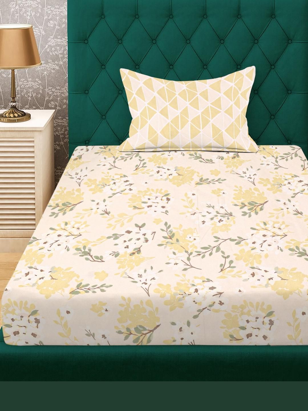 KLOTTHE Yellow Floral 300 TC Single Bedsheet with 1 Pillow Covers