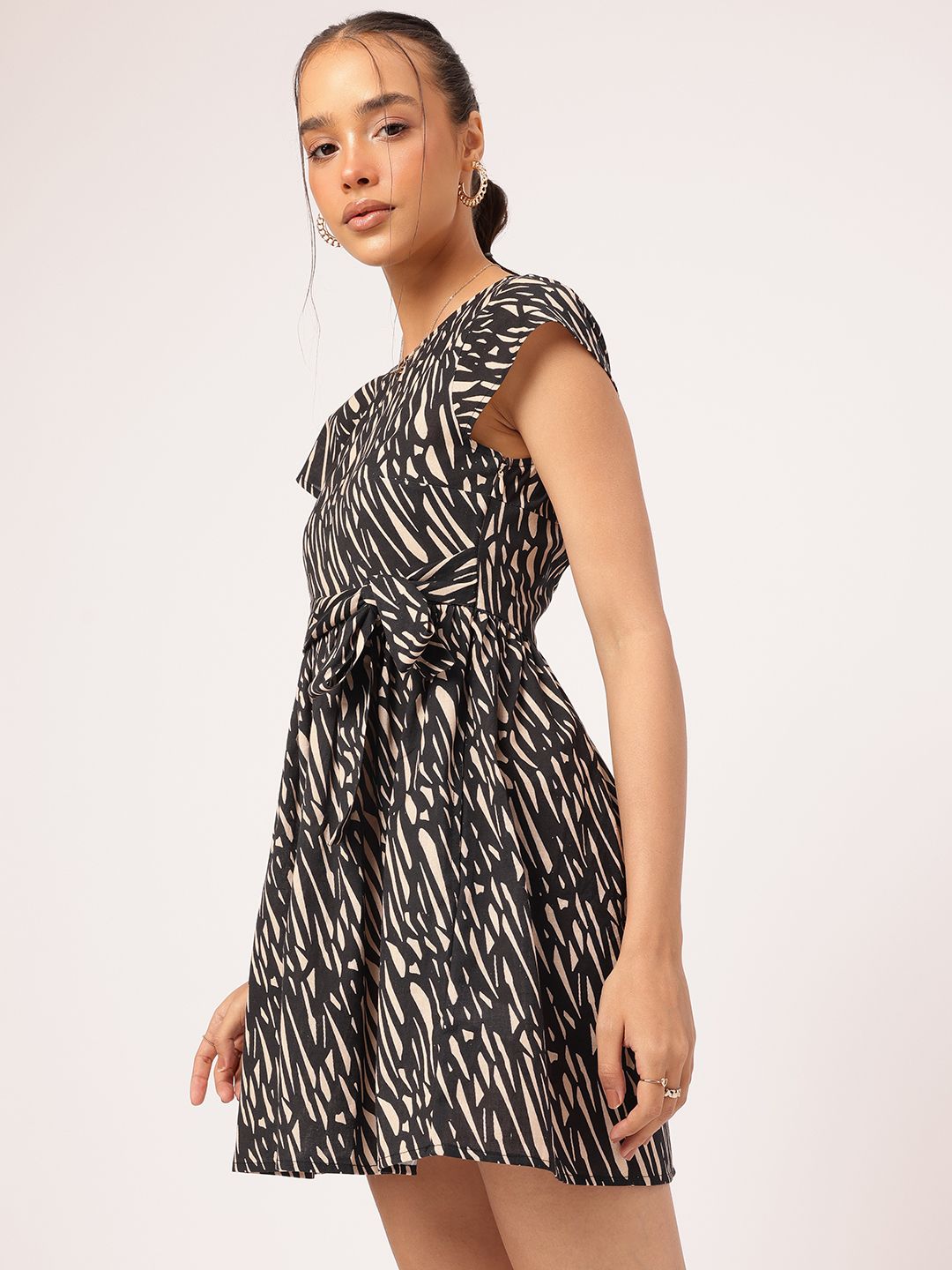DressBerry Printed A-Line Mini Dress with Waist Tie-Up