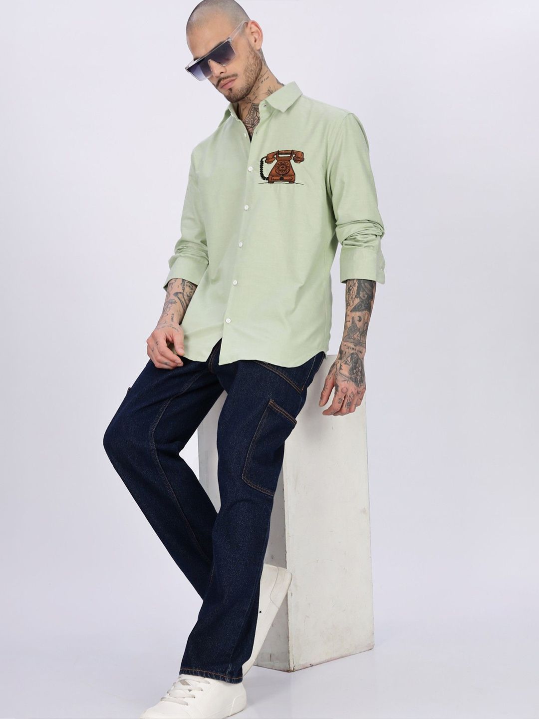 Eszett Embroidery Spread Collar Vintage Telephone Cotton Shirt