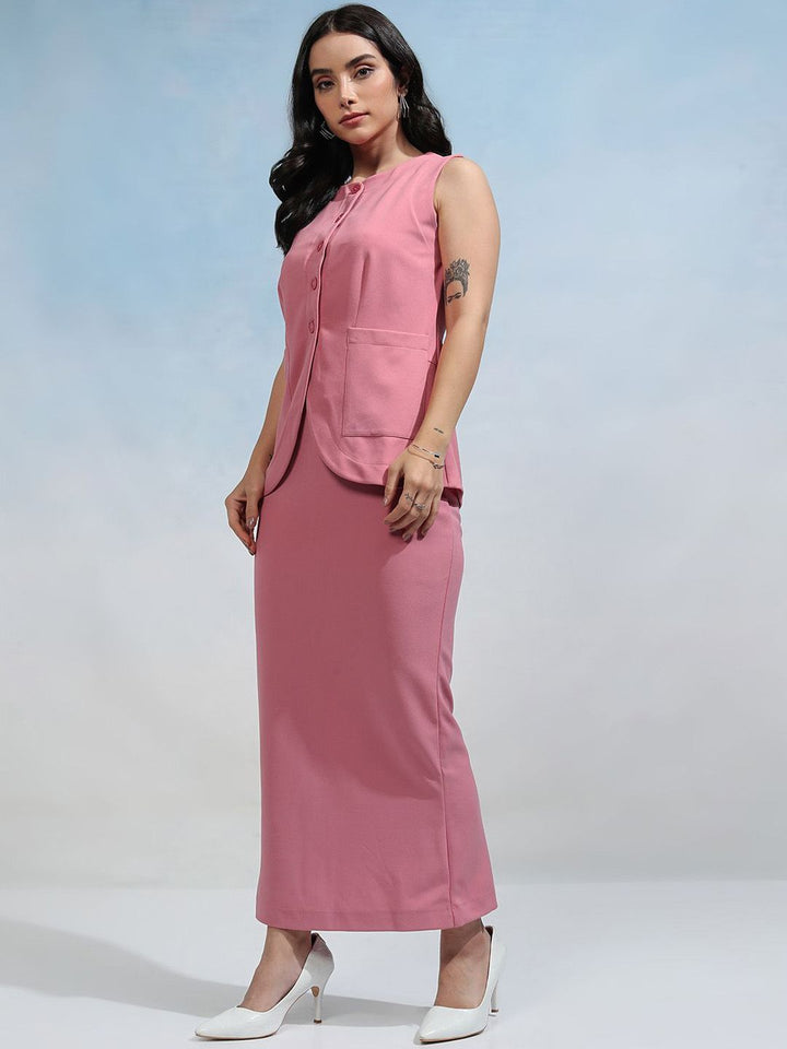 Tokyo Talkies Round Neck Sleeveless Blazer With Skirt