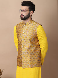 Anouk Mustard Yellow Floral Embroidered Pure Cotton Kurta with Churidar & Nehru Jacket