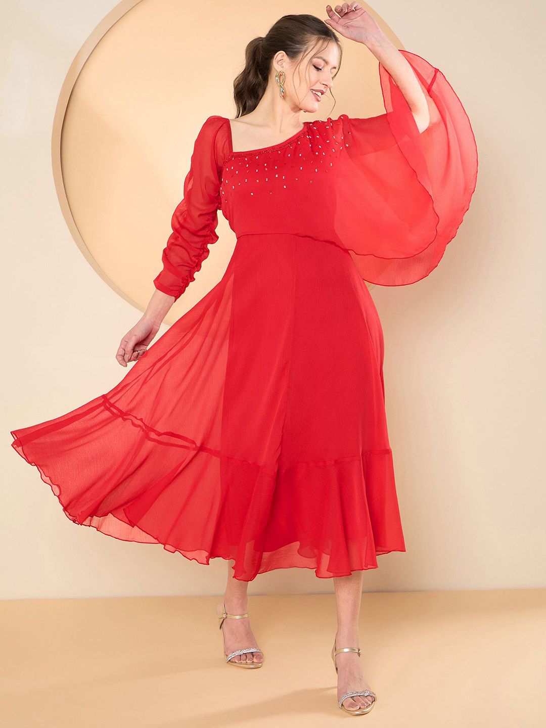 Antheaa Embellished Cape Sleeve Chiffon Fit & Flare Midi Dress