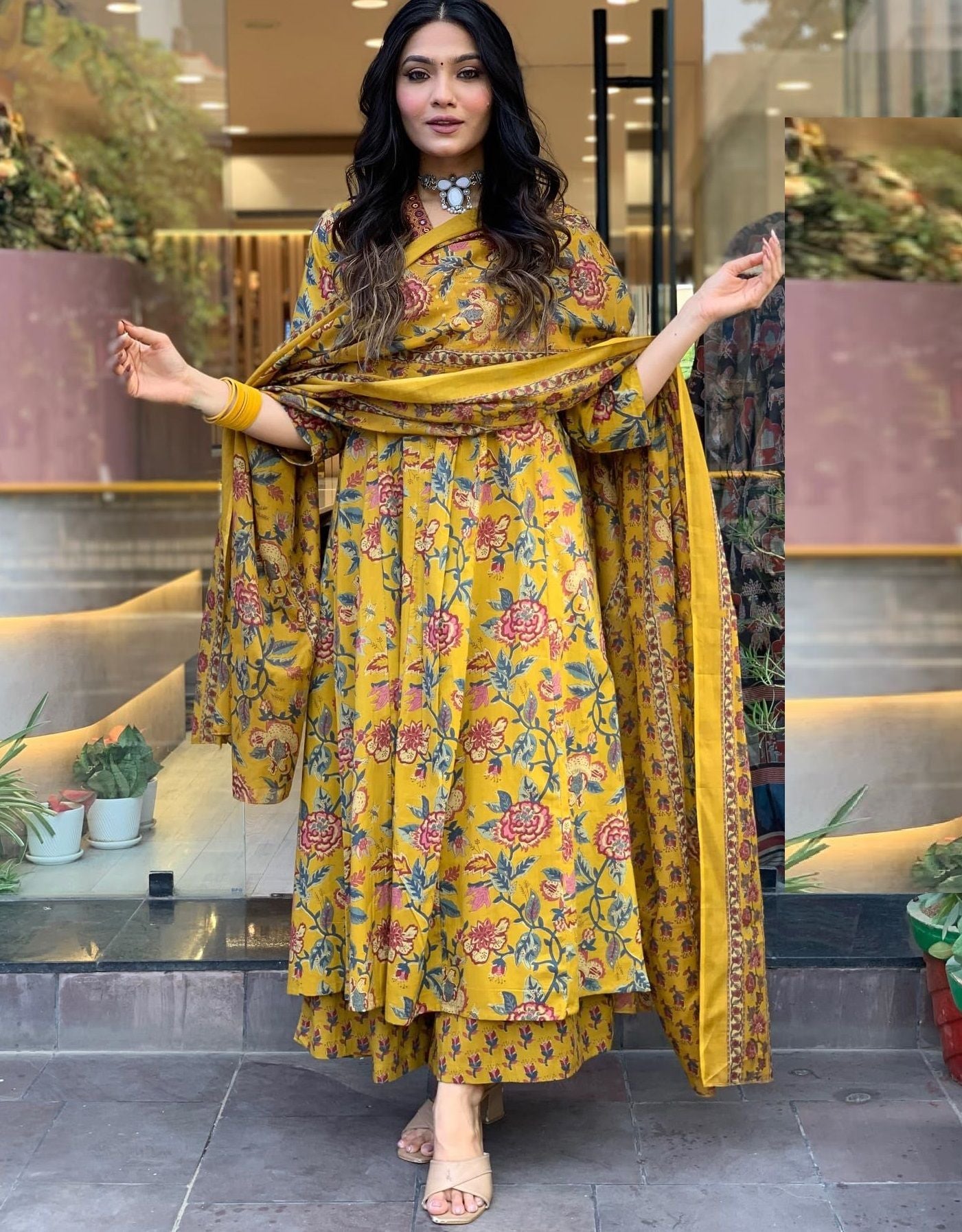 KALINI Floral Printed V-Neck Pleated A-Line Kurta With Palazzo And Dupatta