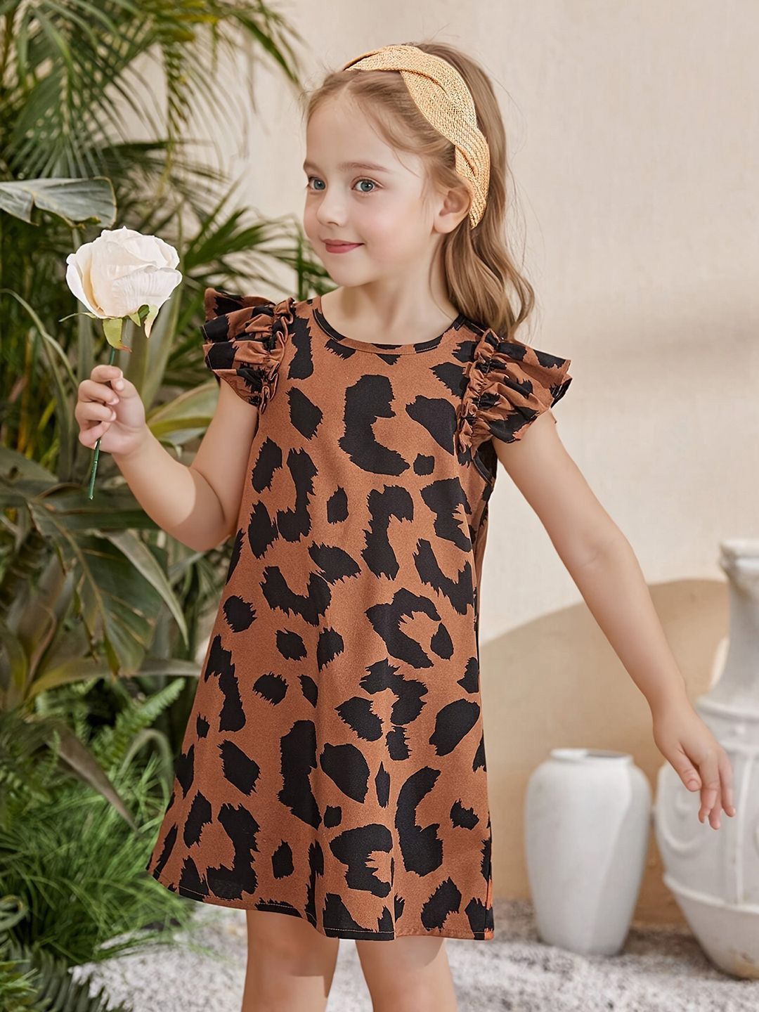 YK Animal Print Flutter Sleeve A-Line Dress