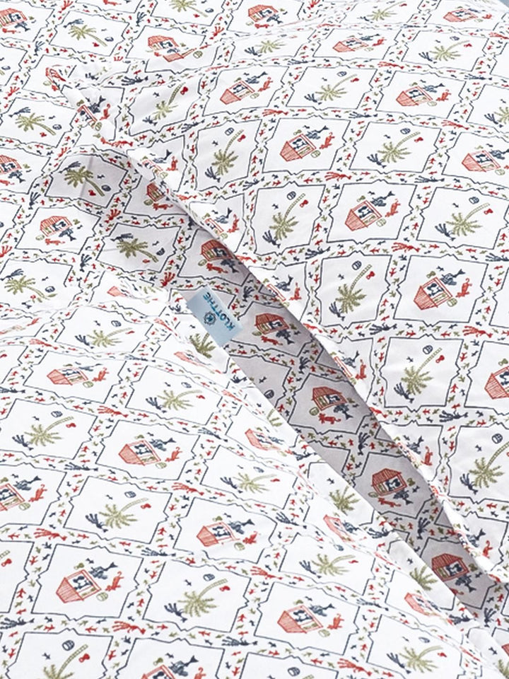 KLOTTHE White & Red Geometric Printed Fitted 300TC King Double Bed Sheet & 2 Pillow Cover