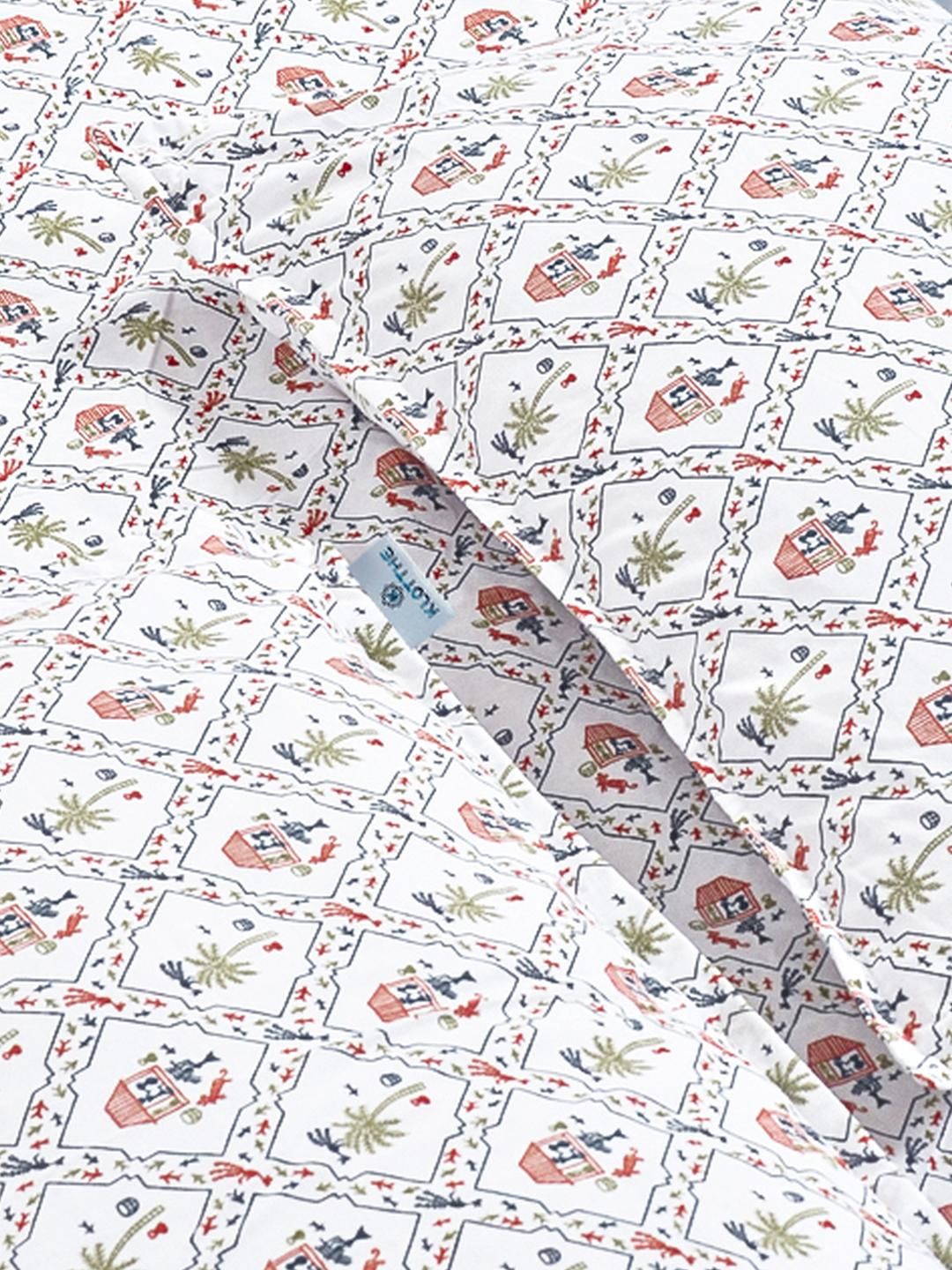 KLOTTHE White & Red Geometric Printed Fitted 300TC King Double Bed Sheet & 2 Pillow Cover