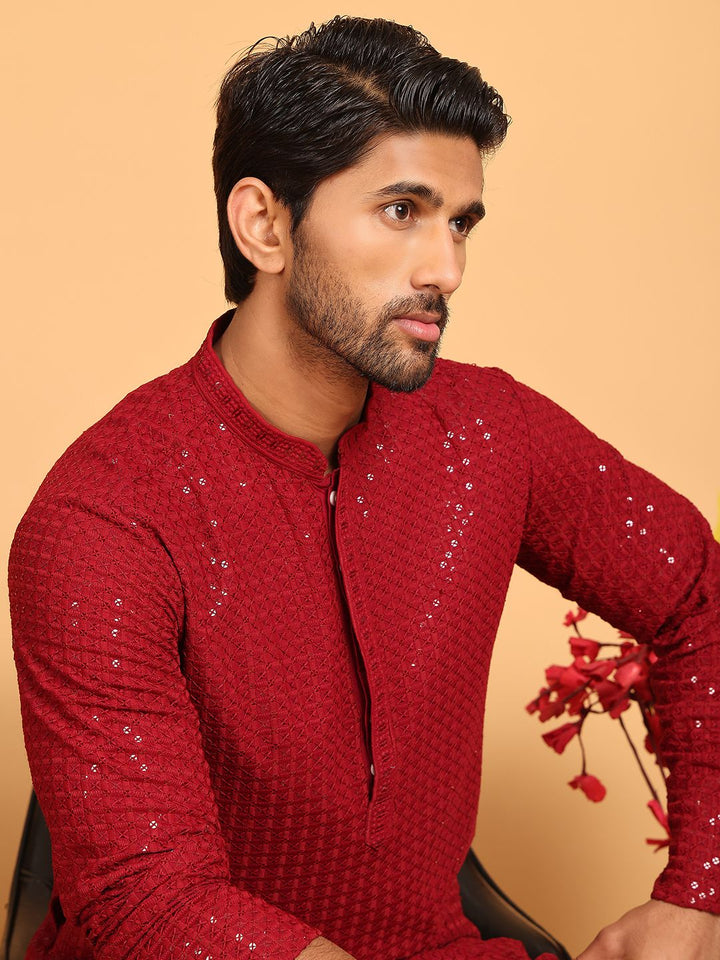 Jompers Floral Embroidered Mandarin Collar Sequinned Straight Kurta With Pyjama