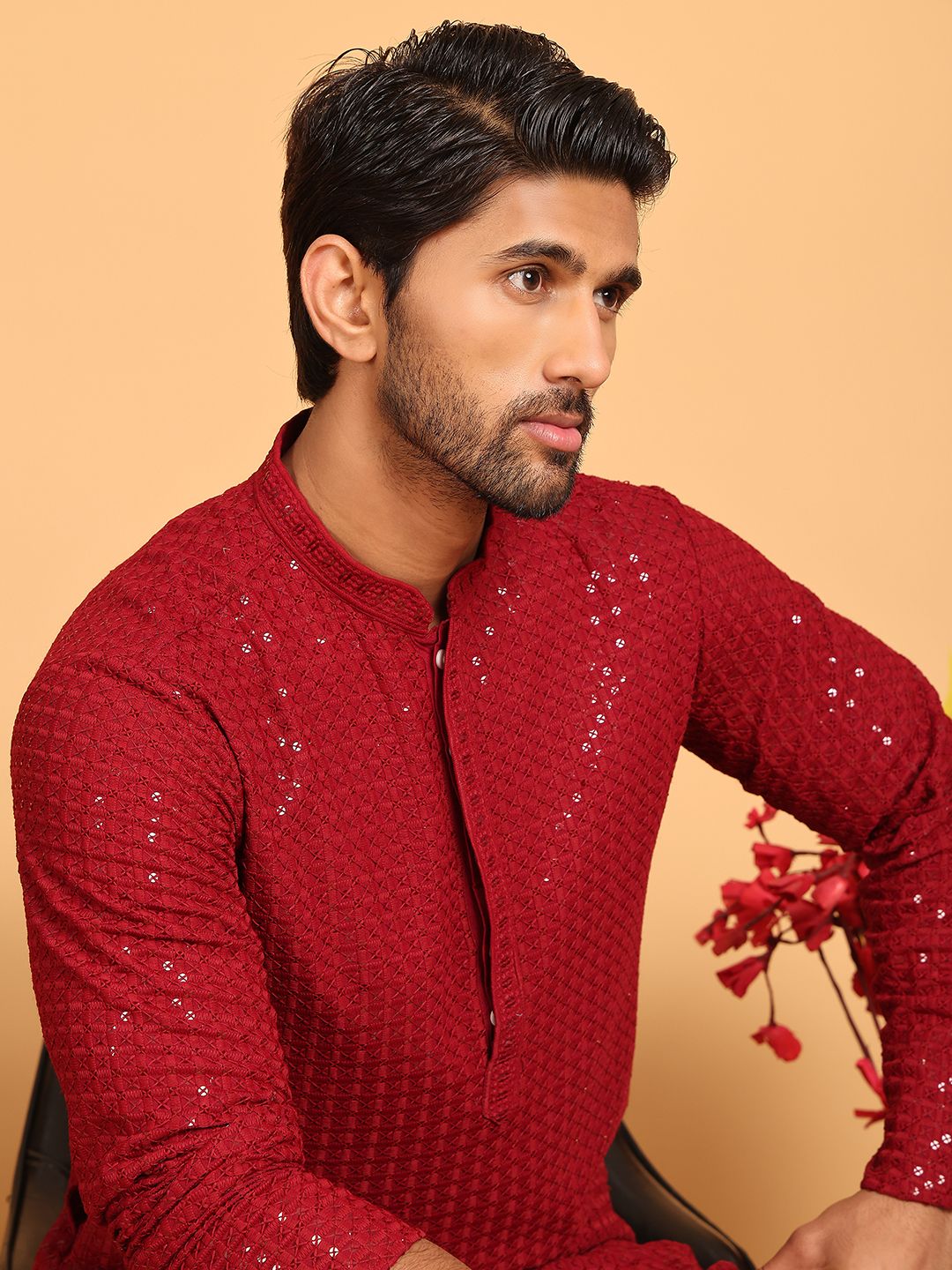 Jompers Floral Embroidered Mandarin Collar Sequinned Straight Kurta With Pyjama