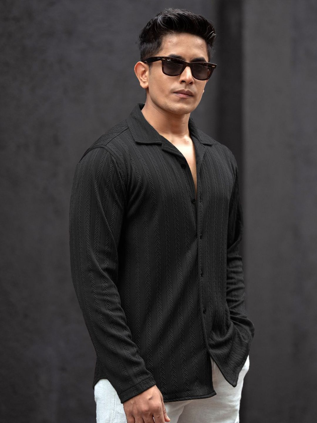 Powerlook Men Cuban Collar Textured Cotton Relaxed Fit Casual Shirt