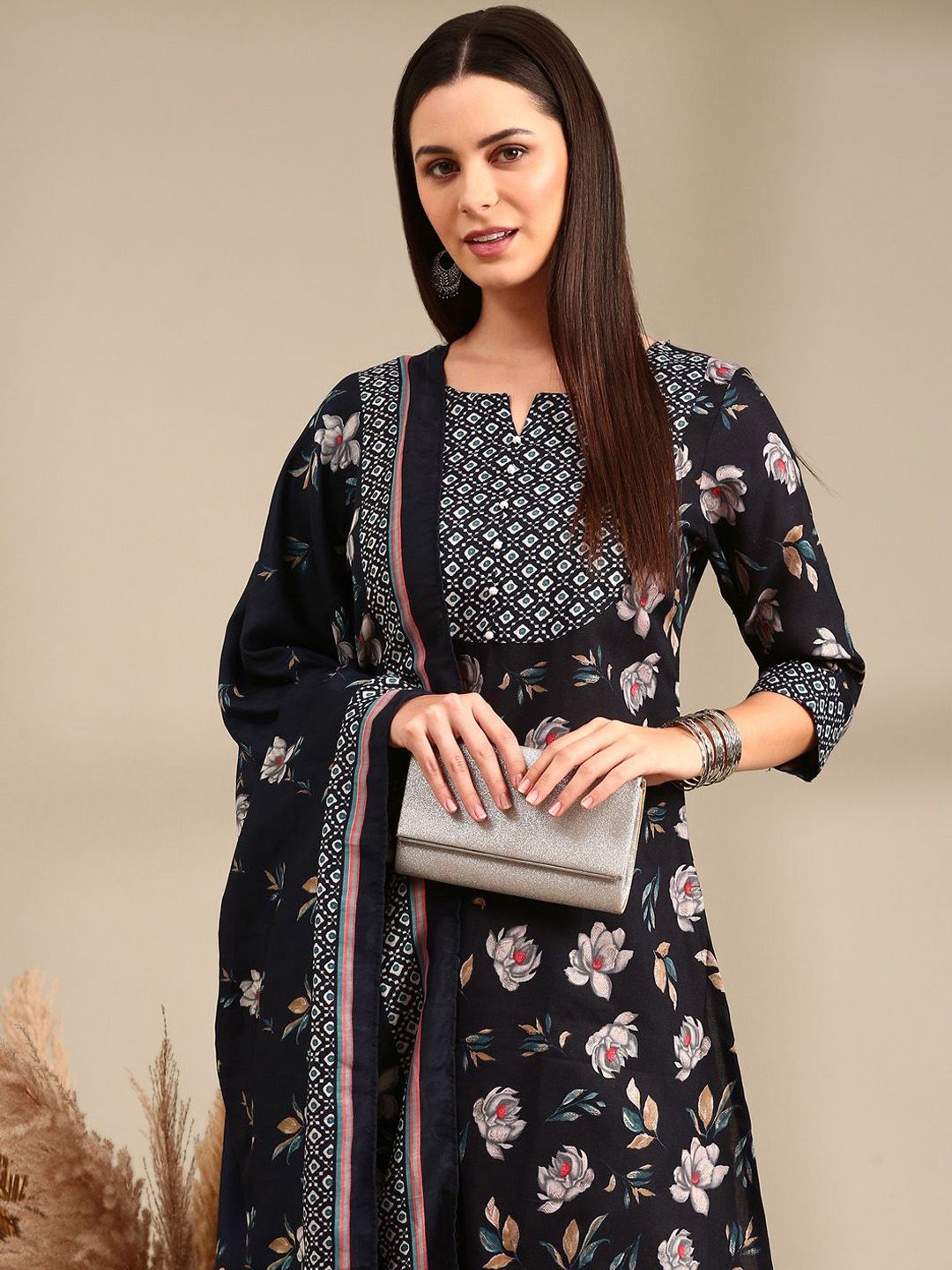 Anouk Navy Blue Floral Printed Notch Neck Straight Kurta with Trousers & Dupatta