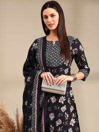 Anouk Navy Blue Floral Printed Notch Neck Straight Kurta with Trousers & Dupatta