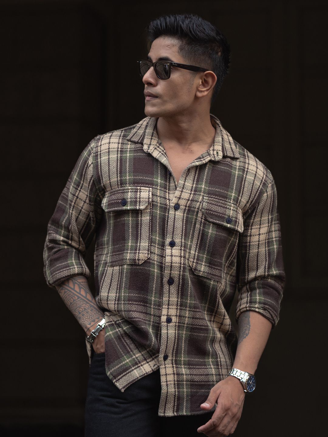 Powerlook Men Spread Collar Tartan Checked Casual Shirt
