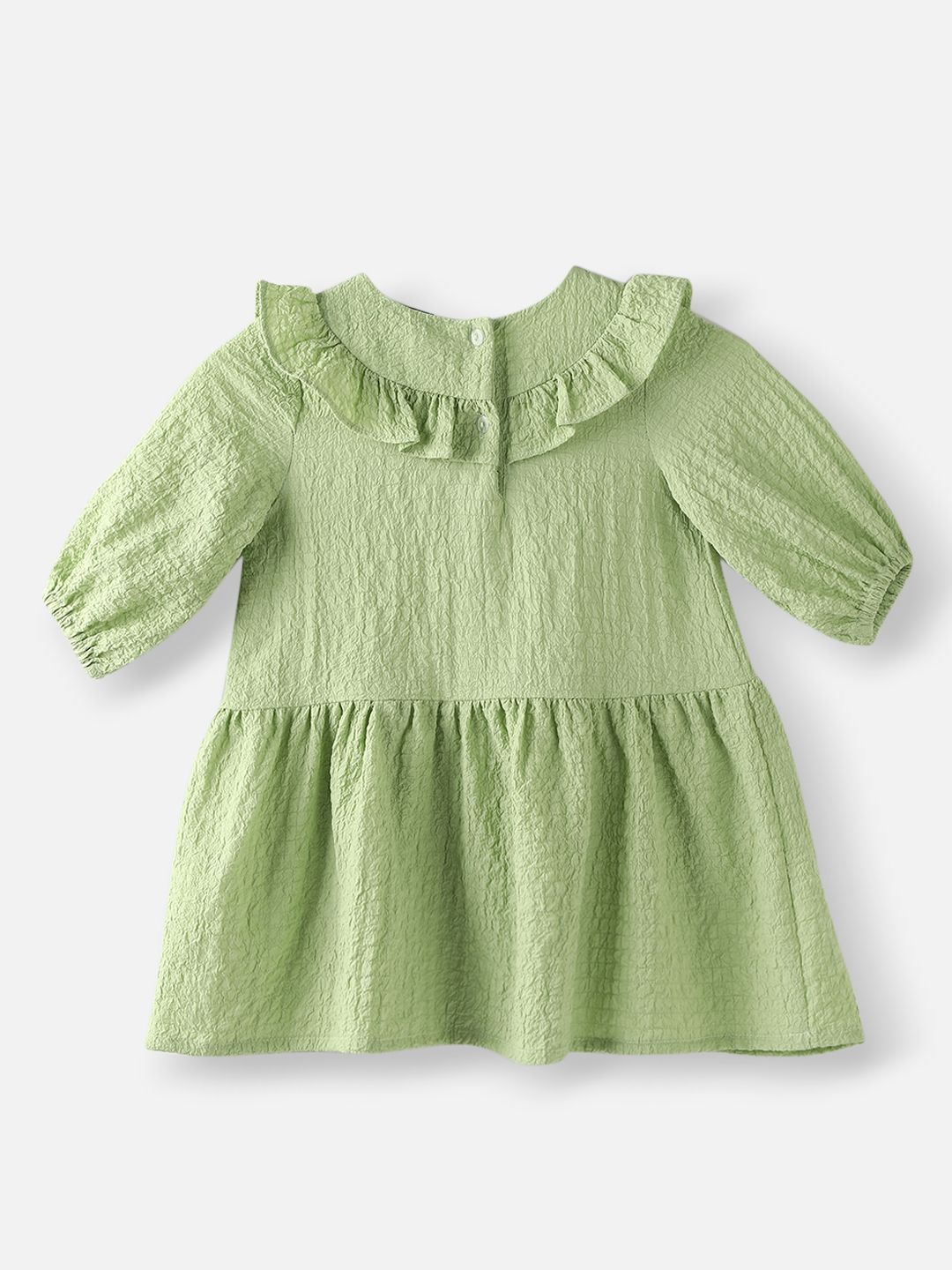 Nauti Nati Girls Green Cotton Crepe Dress with Floral Brooch