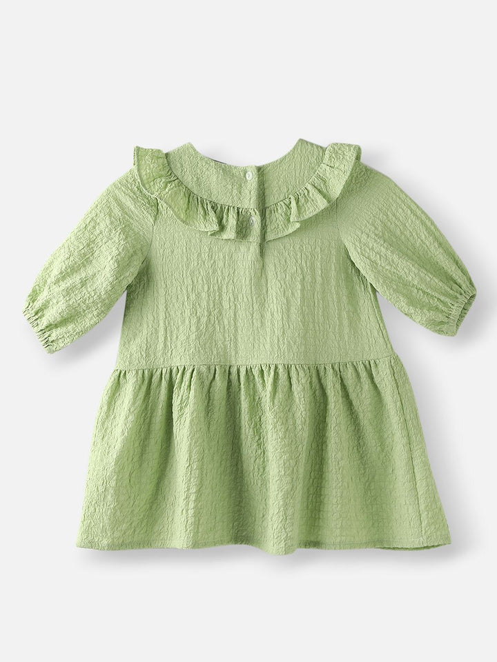 Nauti Nati Girls Green Cotton Crepe Dress with Floral Brooch