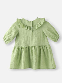 Nauti Nati Girls Green Cotton Crepe Dress with Floral Brooch