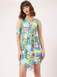 DressBerry Cute & Confident Printed Sleeveless Layered & Pleated Wrap Mini Dress