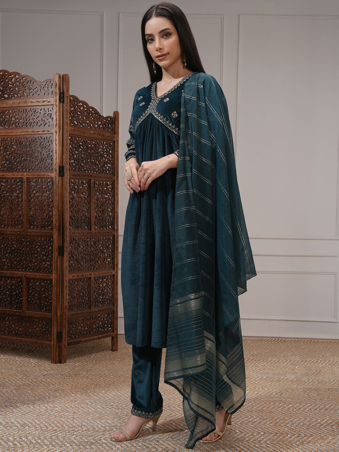Vishudh Women Embroidered Velvet Gathe Kurta with Slim Palazzo & Dupatta